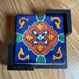 4 Talavera tile coaster set featuring a hand-painted floral/mosaic design